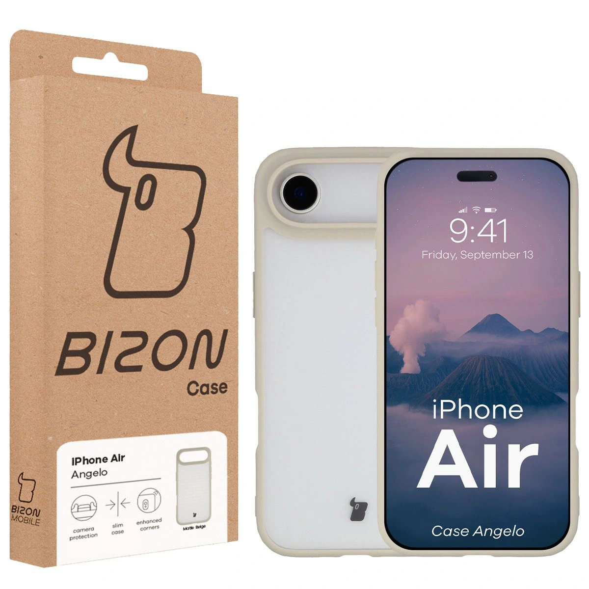 Przód pudełka Bizon Case z dedykowaną etykietą do Apple iPhone Air